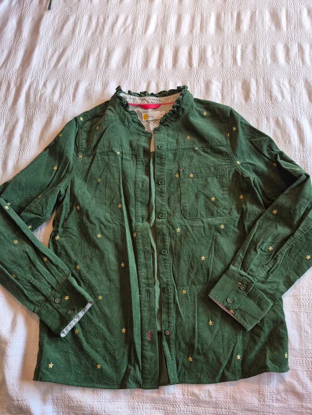Mini boden girls 15-16 years shirt green corduroy button up gold stars EUC